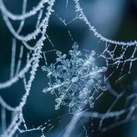 AI generated a close up of a snowflake on a spider web photo