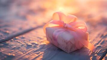 AI generated a present wrapped in a pink ribbon on a wooden table photo