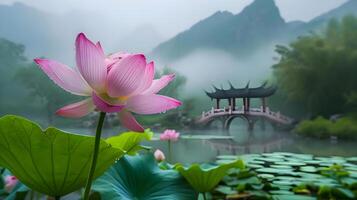 AI generated a pink flower with a bridge in the background photo