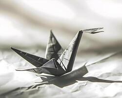 ai generado un negro y blanco foto de un origami pájaro