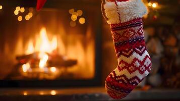 ai generado un rojo y blanco Navidad media colgando desde un hogar foto