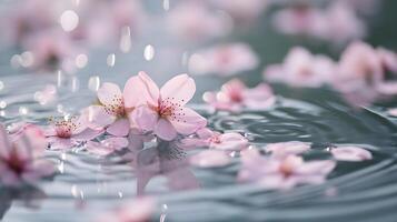 ai generado un grupo de rosado flores flotante en parte superior de un cuerpo de agua foto