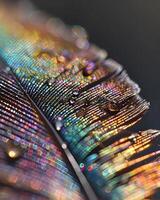 AI generated a close up of a colorful feather with drops of water on it photo