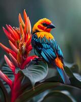 ai generado un vistoso pájaro sentado en parte superior de un rojo flor foto