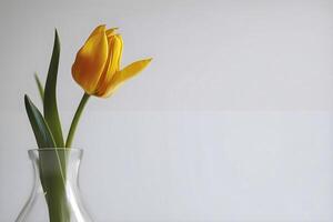 AI generated a single yellow tulip in a clear vase photo