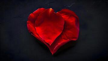 ai generado un rojo corazón conformado flor en un negro antecedentes foto