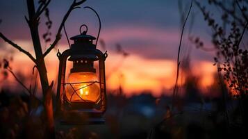 AI generated a lantern hanging from a tree with a sunset in the background photo