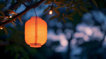 AI generated a paper lantern hanging from a tree branch photo