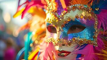 ai generado un cerca arriba de un carnaval máscara con plumas foto