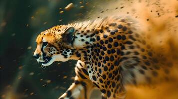 ai generado un leopardo corriendo mediante un campo de césped foto