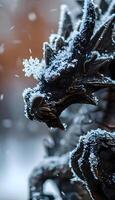 AI generated a close up of a dragon statue covered in snow photo