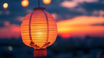 AI generated a close up of a paper lantern with a sunset in the background photo