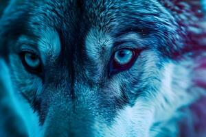 ai generado un cerca arriba de un de lobo azul ojos foto