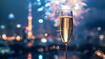 AI generated a glass of champagne with fireworks in the background photo