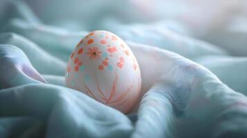 ai generado un cerca arriba de un pintado huevo en un cobija foto