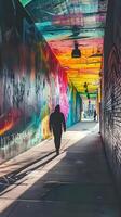 AI generated a person walking down a tunnel covered in graffiti photo