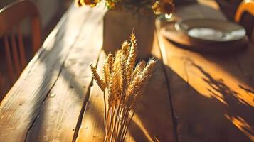 AI generated a wooden table topped with a vase filled with flowers photo