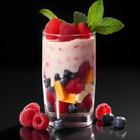 AI generated Delicious yogurt with fresh berries in a glass on dark background photo