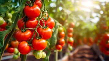 ai generado maduro rojo Cereza Tomates en un rama en un invernadero. de cerca foto