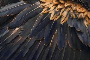 ai generado un cerca arriba de un negro y oro aves alas foto