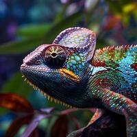 AI generated a close up of a colorful chamelon on a branch photo