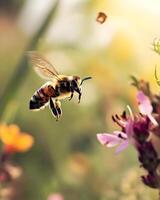 ai generado un abeja volador lejos desde un manojo de flores foto