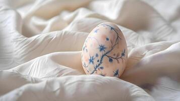 ai generado un pintado huevo sentado en parte superior de un cama foto