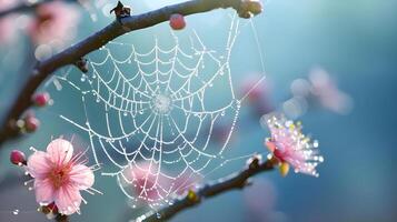 ai generado un cerca arriba de un araña web en un árbol rama foto