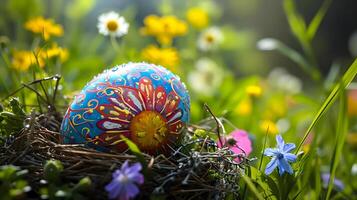 AI generated a colorful painted egg sitting in the grass photo