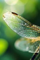 ai generado un cerca arriba de un libélula en un planta foto