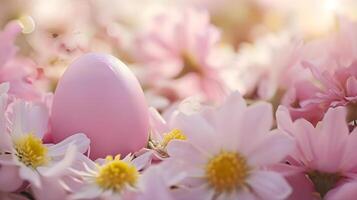 AI generated a pink egg sitting in a field of pink flowers photo
