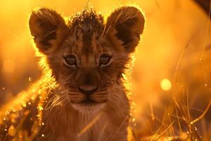 AI generated a young lion cub is staring into the camera photo