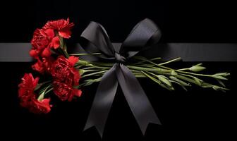 AI generated Black ribbon and red carnations on black background. photo