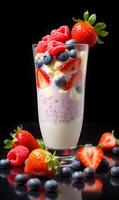 AI generated Yogurt with fresh berries in a glass on dark background photo