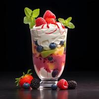 AI generated Delicious yogurt with berries in a glass on a black background photo