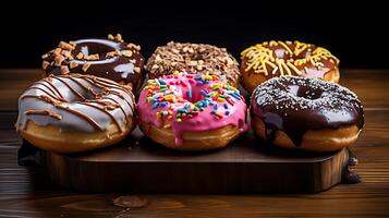 AI generated assorted donuts with chocolate, pink glazed and sprinkles donuts. photo