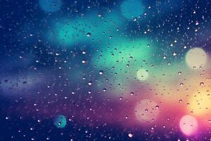 AI generated Raindrops on glass with bokeh background photo