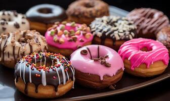 AI generated Assorted donuts with chocolate frosted, Assorted sweet donuts photo