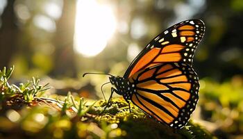 ai generado un cerca arriba de un mariposa en un cubierto de musgo superficie foto