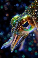 AI generated a close up of a colorful squid on a black background photo