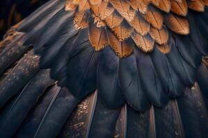 ai generado un cerca arriba de un negro y marrón aves plumas foto