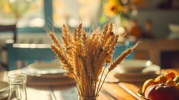 AI generated a vase filled with wheat sitting on top of a wooden table photo