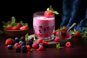 AI generated Yogurt with fresh berries in a glass on dark background photo