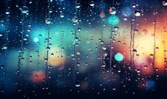 AI generated Raindrops on glass with bokeh background photo