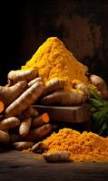 AI generated Turmeric powder in a bowl and fresh turmeric roots on wooden table photo