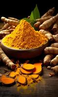 AI generated Turmeric powder and fresh turmeric roots on wooden table photo