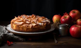 AI generated Apple cake in plate on grey wooden table photo