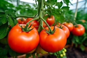 AI generated Ripe red cherry tomatoes on a branch in a greenhouse. Close-up photo