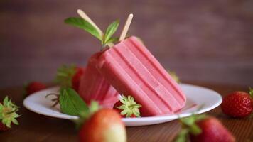 hausgemacht Erdbeere Eis Sahne auf ein Stock gemacht von frisch Erdbeeren im ein Teller video