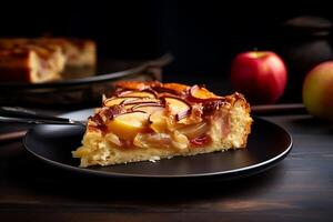 AI generated Apple cake in plate on grey wooden table photo